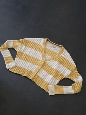 American Eagle Outfitters Yellow and White Striped Ribbed Cropped Cardigan